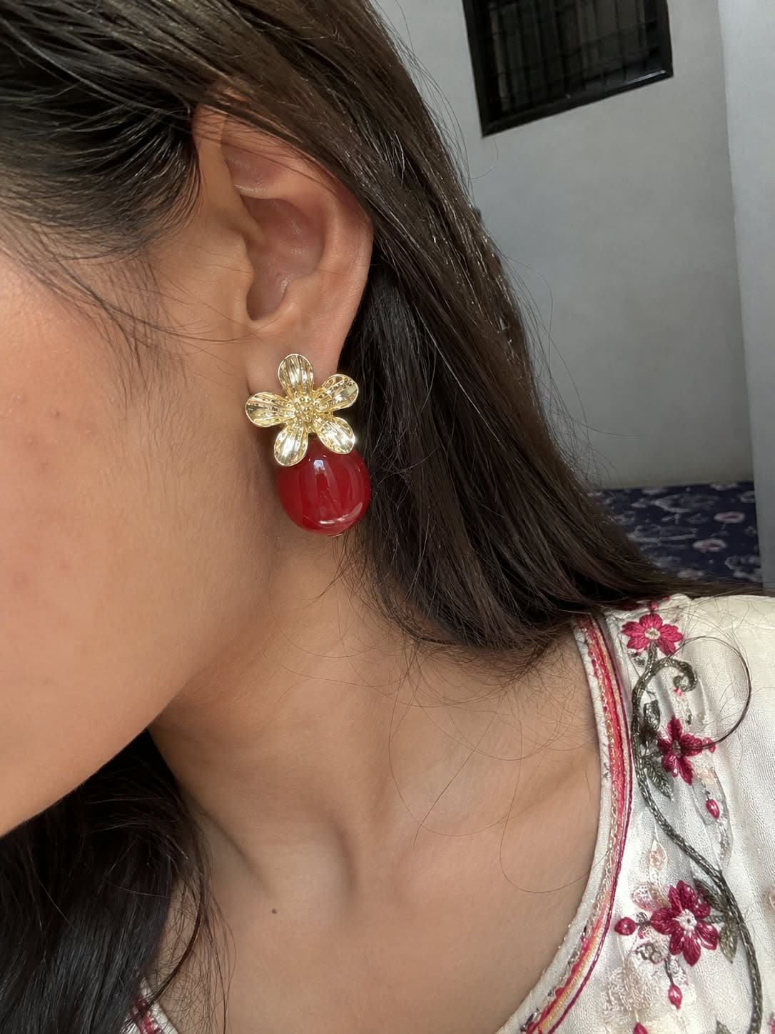 Golden Petal Red Earrings