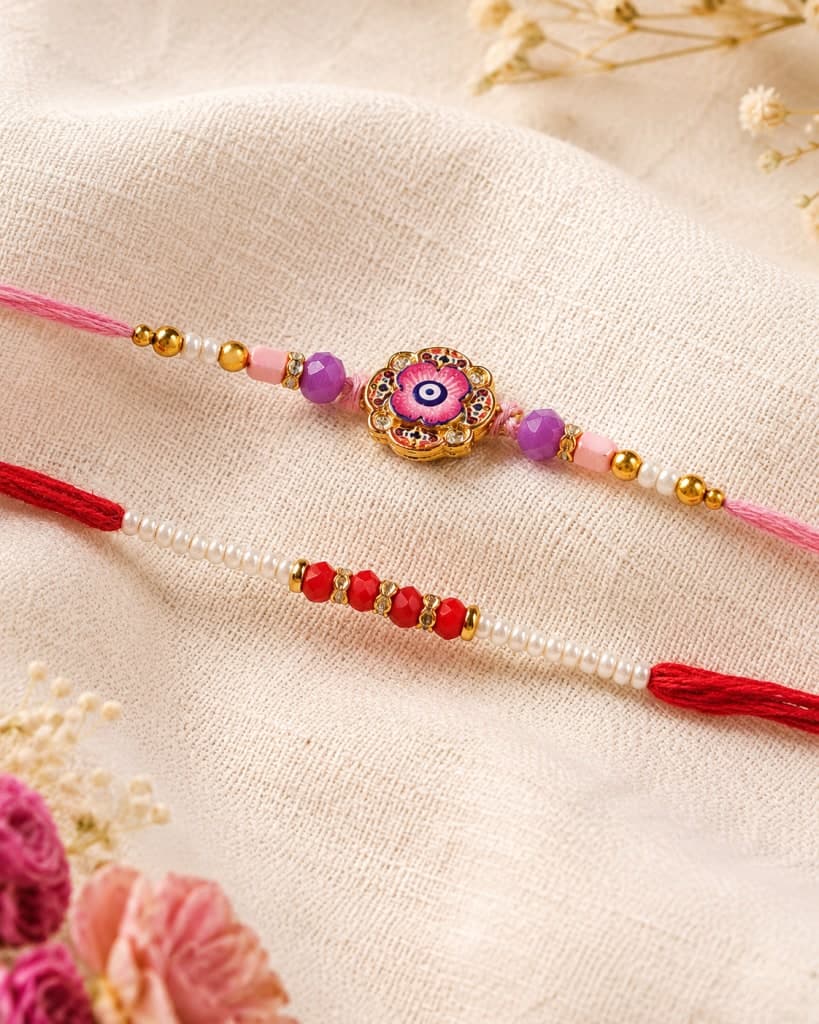 DivoRama Set of 2 Evil Eye Rakhi for Brother | Nazar Suraksha Floral Rakhi with Pearl Beads | Designer Rakhi for Bhaiya Bhai | Raksha Bandhan Thread Rakhi Combo of 2