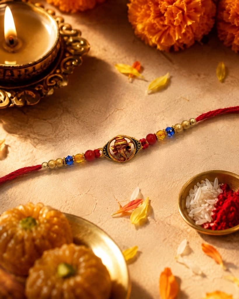 DivoRama Set of 2 Rakhis for Brother | Auspicious Ganpati Spiritual Rakhi & Red-White Beaded Rakhi | Designer Rakhi for Bhaiya Bhai | Raksha Bandhan 2026 Thread Rakhi