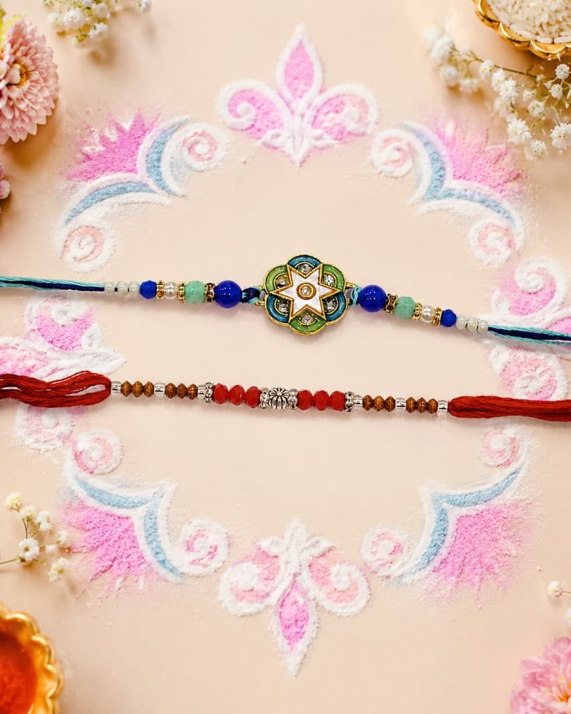 DivoRama Set of 2 Rakhis for Brother | Star Enamel Medallion & Wood Bead Rakhi with Beads | Traditional Designer Rakhi for Bhaiya Bhai | Raksha Bandhan 2026 Thread Rakhi