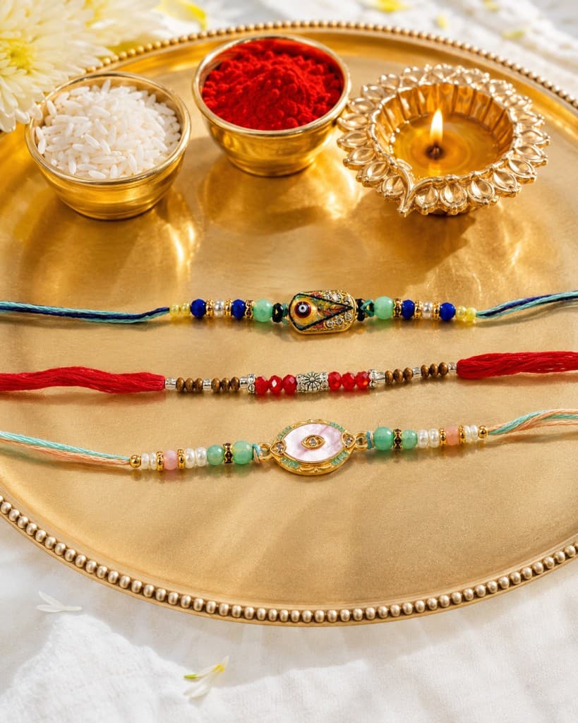 DivoRama Set of 3 Rakhis for Brother | Nazar, Red Chandan Beads & Evil Eye Charm Rakhi | Spiritual Designer Rakhi for Bhaiya Bhai | Raksha Bandhan 2026 Thread Rakhi