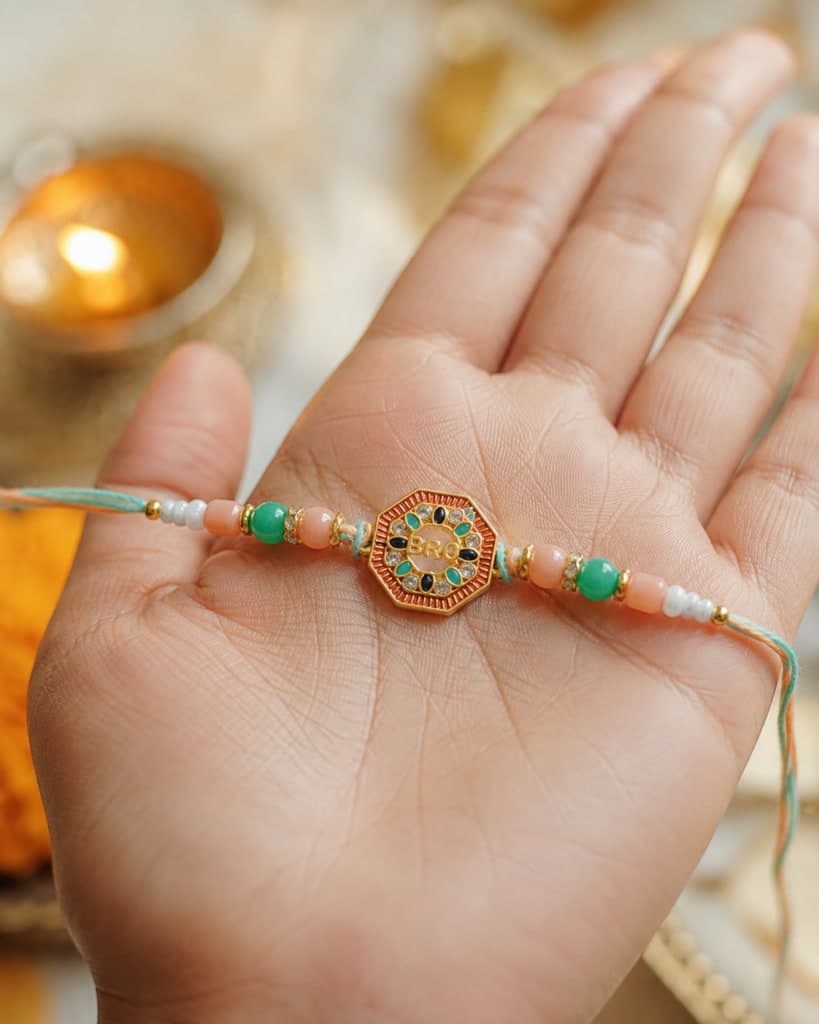 DivoRama Set of 2 Rakhis for Brother | Octagon Enamel BRO & Sandalwood Bead Rakhi with Stones | Traditional Designer Rakhi for Bhaiya Bhai | Raksha Bandhan 2026 Thread Rakhi