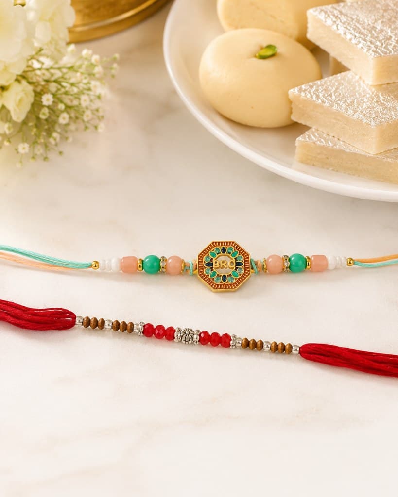 DivoRama Set of 2 Rakhis for Brother | Octagon Enamel BRO & Sandalwood Bead Rakhi with Stones | Traditional Designer Rakhi for Bhaiya Bhai | Raksha Bandhan 2026 Thread Rakhi