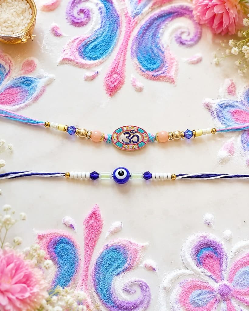 DivoRama Set of 2 for Rakhis | Oval Meenakari Om & Nazariya Evil Eye Rakhi with Beads | Spiritual Rakhi for Bhaiya Bhai | Raksha Bandhan 2026 Designer Thread Rakhi