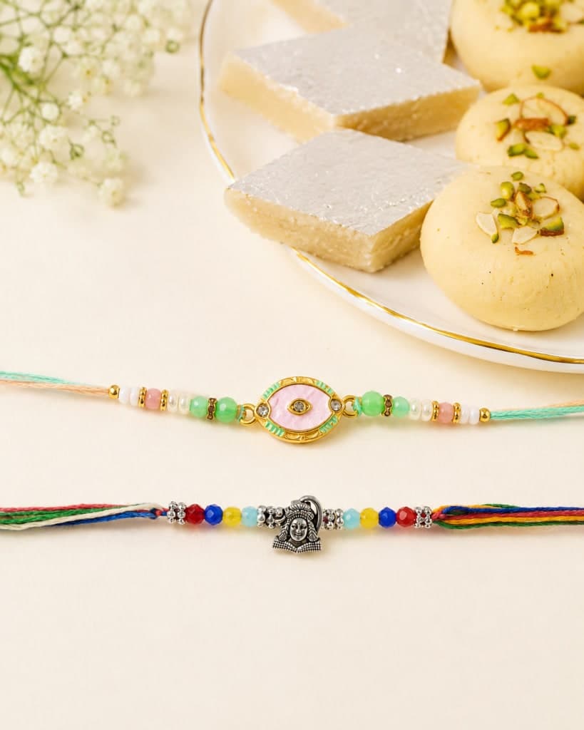 DivoRama Set of 2 Evil Eye & Shiva Rakhi for Brother | Mother of Pearl Nazar Rakhi with Oxidized Silver Shiva Rakhi | Spiritual Designer Rakhi for Bhaiya Bhai | Raksha Bandhan 2026