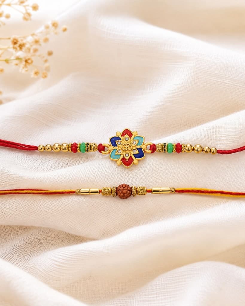DivoRama Set of 2 Om & Rudraksha Rakhi for Brother | Floral Meenakari Om & Rudraksha Bead Rakhi | Spiritual Designer Rakhi for Bhaiya Bhai | Raksha Bandhan 2026 Thread Rakhi