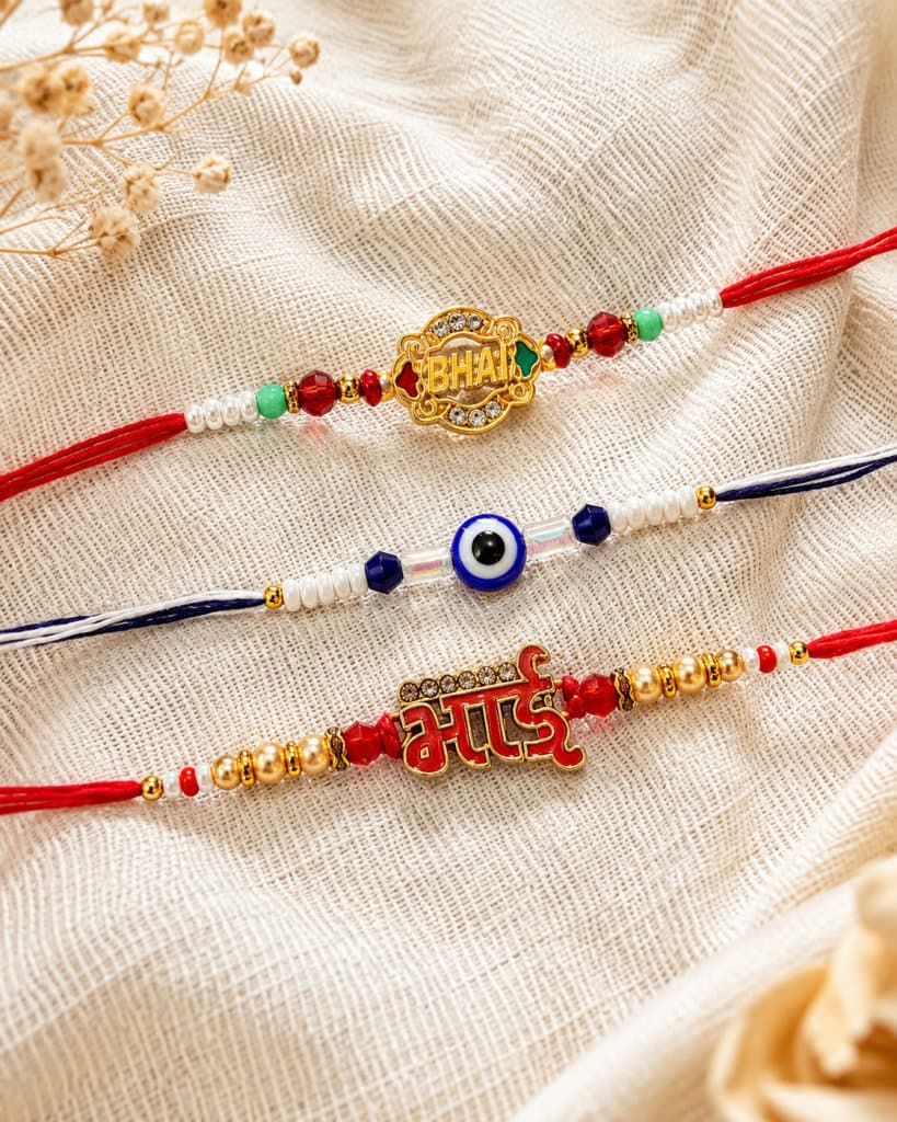 DivoRama Set of 3 Rakhis for Brother | English BHAI & Hindi Bhai Name Rakhi with Evil Eye Rakhi | Designer Rakhi for Bhaiya Bhai | Raksha Bandhan 2026 Thread Rakhi Combo