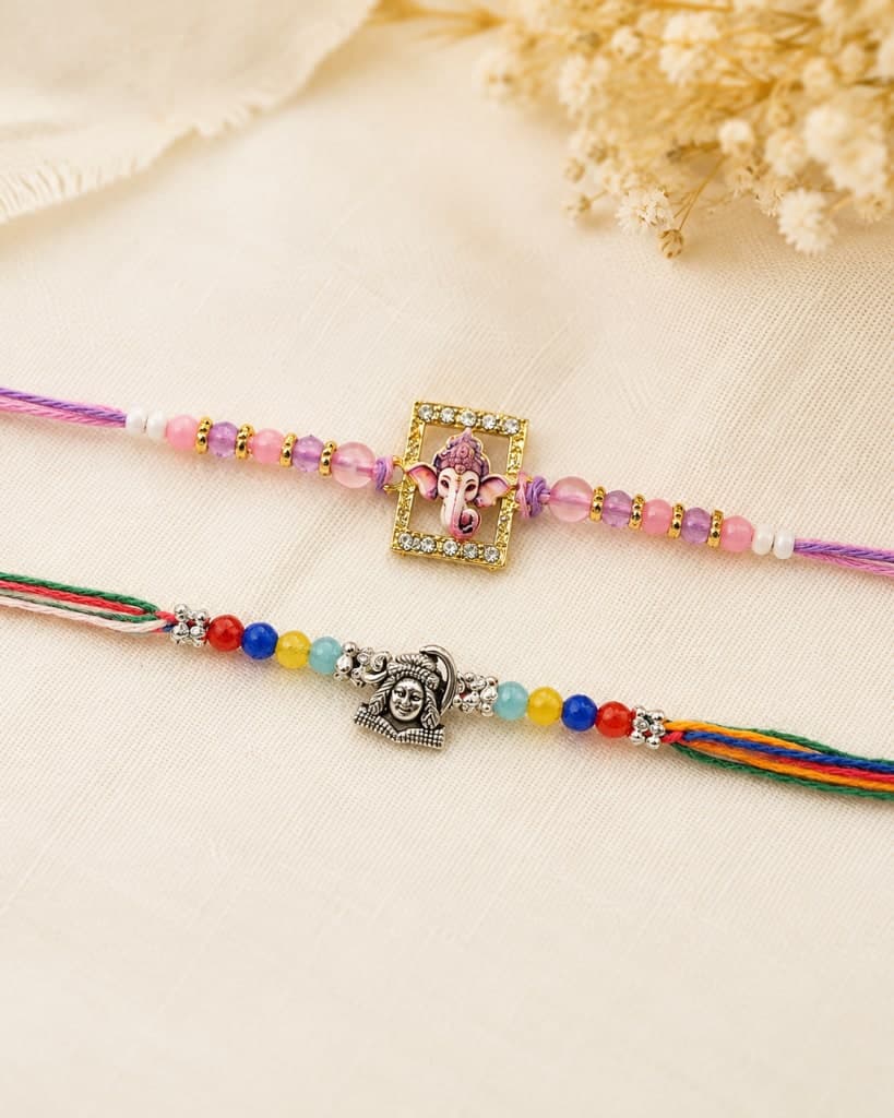 DivoRama Set of 2 Ganesha & Shiva Rakhi for Brother | Stone Ganpati & Oxidised Silver Mahadev Beaded Rakhi| Premium Spiritual Rakhi for Bhaiya Bhai | Raksha Bandhan 2026